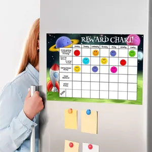 Space-themed children's reward chart with colorful smiley face stickers on a fridge.