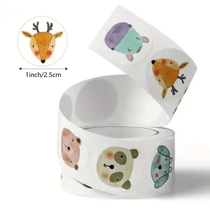 Detail view of 1 inch round self-adhesive roll showing cartoon animal reward stickers