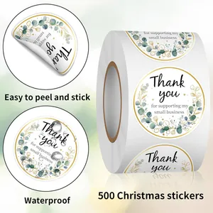 Eucalyptus thank you stickers roll detail showing waterproof and easy peel features