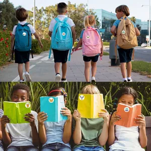Children using cartoon animal reward stickers on backpacks and books in outdoor settings.