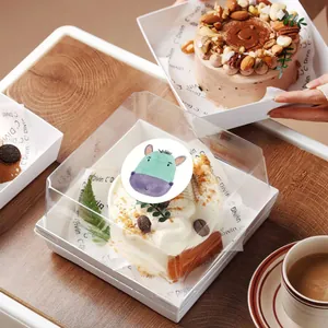 Close-up view of a cute cartoon animal sticker used as a decorative seal on a cake box.