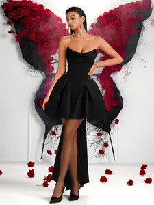 Elegant black strapless satin mini dress featuring a dramatic long train and rose background