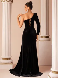 Elegant black velvet one-shoulder evening gown rear view with corset-style lace-up back