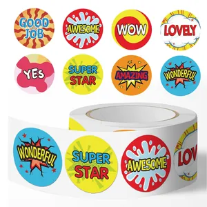 Colorful motivational reward stickers for kids featuring various praise words on a roll