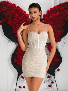 Robe Moulante Sexy en Dentelle à Paillettes pour Femmes Mini Robe Corset à Bretelles Spaghetti Soirée Banquet Fête Robe Blanche