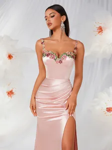 Elegant French style pink satin slip evening dress with floral embroidery and high slit detail