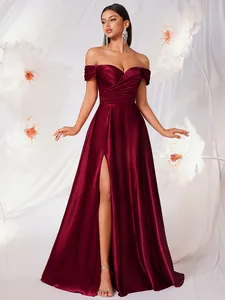Elegant burgundy matte satin off-shoulder evening gown with a high leg slit detail