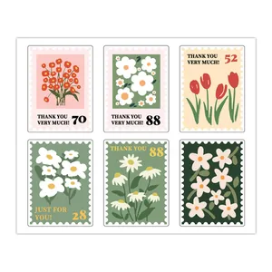 Set van zes bloemen bedankt stickers in postzegelvorm voor luxe cadeauverpakking.