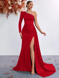 Elegant red one-shoulder evening gown with pearl trim and high slit for formal events