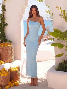 French Off-Shoulder Mermaid Evening Dress Women Embroidered Rhinestone Bodycon Maxi Prom Dress Elegant Light Blue Party