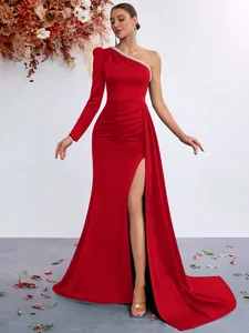 Elegant red one-shoulder evening gown with pearl trim and high side slit detail style