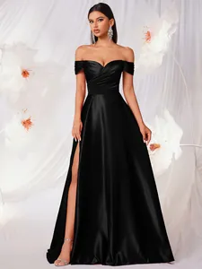 Elegant black matte satin off-shoulder evening gown with sexy high side slit detail