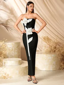 Elegant black strapless midi dress with 3D white flower appliques for evening parties