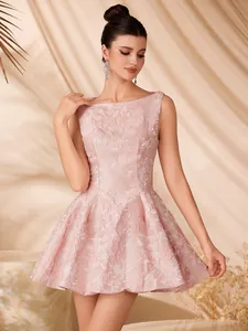 Elegant Pink Jacquard Sleeveless A-Line Mini Dress For Women Cinched Waist Banquet Party Short Prom Cocktail Gown Dress
