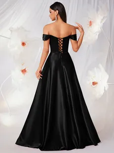 Elegant black matte satin off-the-shoulder evening gown with lace-up back detail