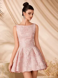 Elegant pink jacquard sleeveless A-line short cocktail dress with a fitted waist