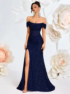 Elegante abito da sera blu con paillettes, corsetto in vita e spacco profondo