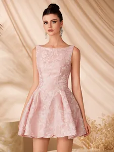 Elegant pink jacquard sleeveless short cocktail dress with A-line waist-slimming fit