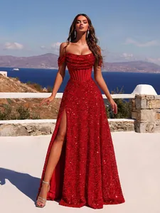 Elegant aussehendes rotes Pailletten-Abendkleid mit hohem Schlitz und Korsett-Taille