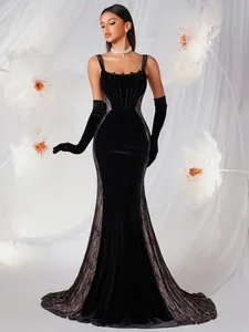 Elegant Black Velvet Lace Splicing Fishtail Evening Dress For Women Slim Fit Boning Spaghetti Strap Long Formal Party Gown