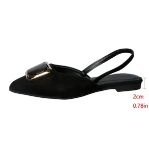 Vue latérale détaillée de sandales plates à bride arrière noires avec talon de 2 cm