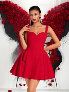 Detailed view of a red sleeveless flared cocktail dress with a sweetheart neckline