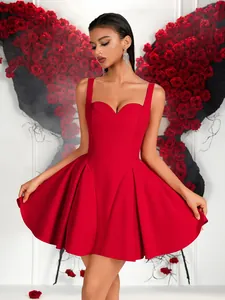 Women Sexy Backless Red Camisole Dress Sweetheart Neckline Waist Cinching Flared Skirt Short Party Evening Gown Socialite Style