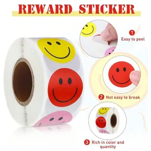 Detail view of colorful smiley reward stickers showing easy peel feature and rich colors