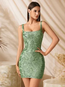 Sexy green sequin mini dress with vintage floral patterns and an elegant slim bodycon fit