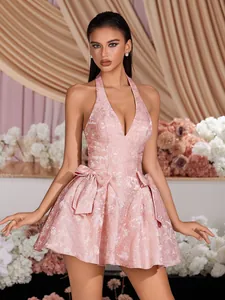 Elegant pink halter jacquard mini dress with deep V-neck and large side bows