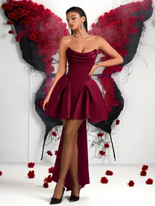 Elegant burgundy strapless satin cocktail party dress featuring a flared mini skirt silhouette