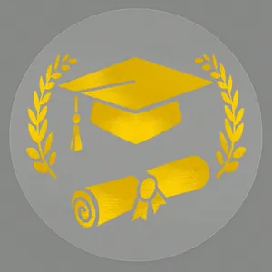 Macro detail of gold foil graduation cap and diploma sticker for envelope sealing