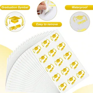 Detail of gold foil graduation cap stickers showing waterproof and easy-peel features