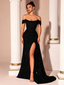 Abito da Sera da Donna con Spalle Scoperte e Paillettes Vestibilità Aderente a Sirena Maxi per Matrimonio Banchetto Festa con Spacco Alto