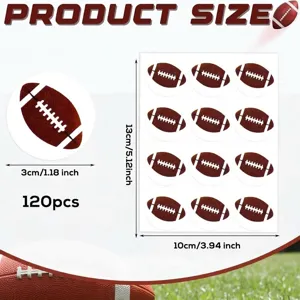 Sheet of 120 American football stickers with product size details and measurements.