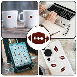 American football stickers applied to various surfaces like mugs, laptop, and phone