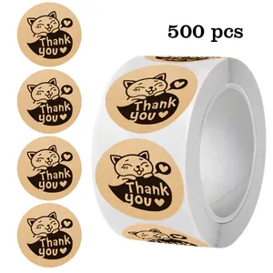 Schattige Kat Kraft Papier Stickers Rol Dank U Zegel Etiketten Voor Bakken Cadeauverpakking Ronde Zelfklevende Decoratieve Stickers