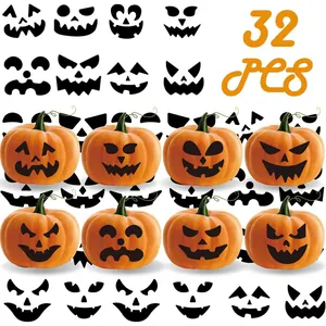 32 PCS Halloween pumpkin stickers with spooky ghost face designs for party decor.