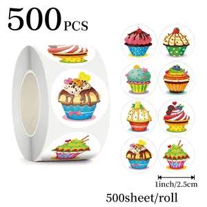 Pegatinas de Cupcake de Dibujos Animados Rollo de Etiquetas Redondas PVC Autoadhesivo para Repostería Caja de Regalo Sellado