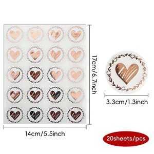 Detailed view of rose gold heart stickers with 1.3 inch diameter and 20 count per sheet