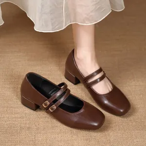 Gros plan sur des chaussures Mary Jane en cuir marron avec double bride et bout carré.