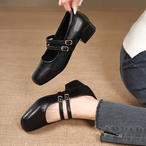 Chaussures Mary Jane noires élégantes à bout carré et doubles brides, style français