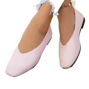 Elegant pink textured leather ballet flats for women with vintage V-cut design