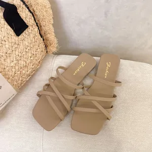 Dettaglio di sandali piatti beige a punta quadrata con cinturini e stampa Fashion.