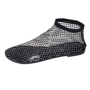 Sandali piatti in rete nera da donna con decorazioni in strass brillanti