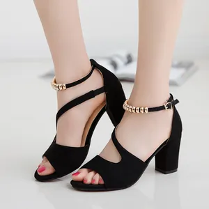 Women Block Heel Sandals Peep Toe Roman Style High Heels With Metal Bead Ankle Strap PU Casual Party Shoes