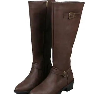 Bottes de chevalier marron classiques pour femmes avec boucle de ceinture et talon carré