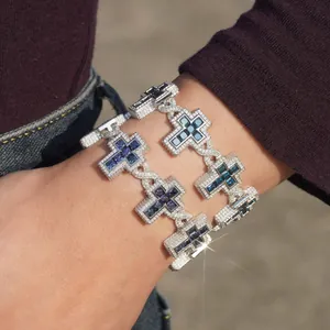 Luxury iced out S925 silver cross bracelet with sparkling colorful moissanite stones