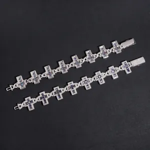 Luxurious S925 sterling silver cross link bracelet with colorful pavé moissanite stones