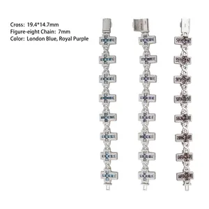High quality S925 sterling silver cross bracelet featuring blue and purple moissanite stones
